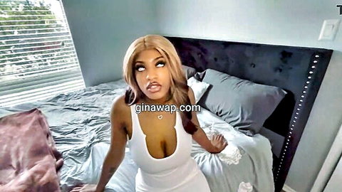 Curvy ebony babe in low-cut white tank top teasing big butt sister-in-law vibe