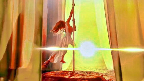 Mamamoo egotistic pole dance in flowing white dress, golden light