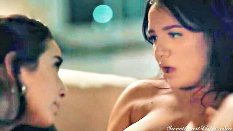 Karlee Grey and Charlotte Cross topless lesbian chat on movie night