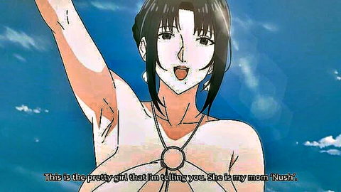 Anime brunette mom smiling with open mouth raising arm showing underarm and necklace