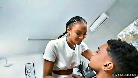 Asteria Diamond close-up blowjob tease with handsome guy in white crop top