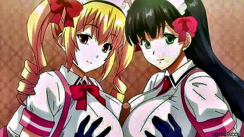 Busty blonde hentai girl with huge exposed tits groped by gloved black-haired schoolgirl