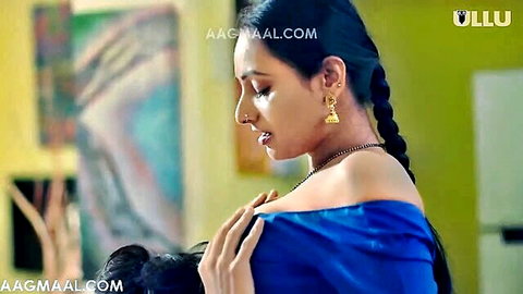 Indian MILF in blue off-shoulder dress with lover's hand on her chest