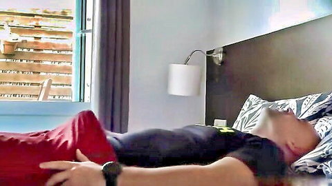 Dewar lying relaxed on bed in red shorts before rough fuck with big boobs Sheila Bhabhi