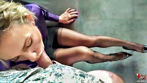 Blonde MILF in stockings and heels deepthroats thick cock POV blowjob