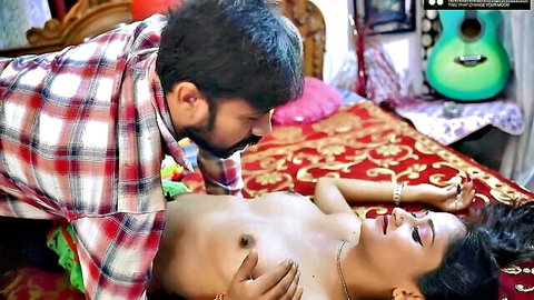 Indian teacher kissing topless sexy student in bed foreplay