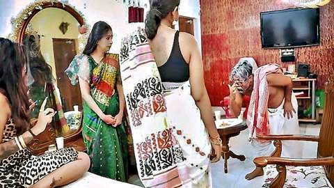 Indian women in colorful sarees stand over kneeling older man in dhoti baring his back