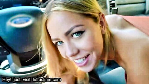 Blonde teen smiling in car, leaning for stepdad blowjob with big ass cumshot