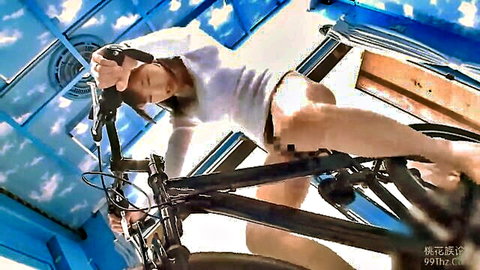 POV of Asian amateur babe riding bike bottomless, exposing shaved pussy and ass cheeks