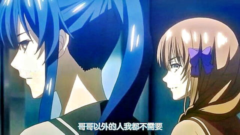 Anime hentai girls with long blue hair and brown hair bow smiling side profile