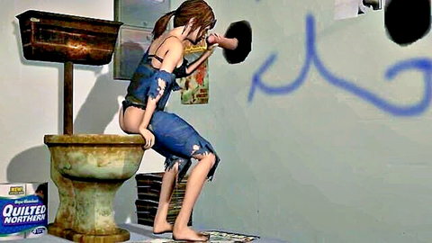 Lara Croft cosplay squatting in torn denim for glory hole hentai bathroom scene