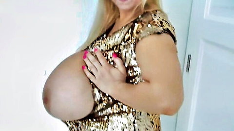 Curvy blonde MILF groping her massive huge natural tits in shiny gold sequin dress