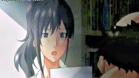Anime brunette ponytail girl with open mouth surprised by shadowy old man in library