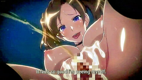 Hentai imouto with ponytails in ecstasy, breasts exposed and fluids dripping