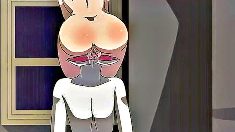 Hentai anime girl with huge ass exposing pussy and anus in doorway