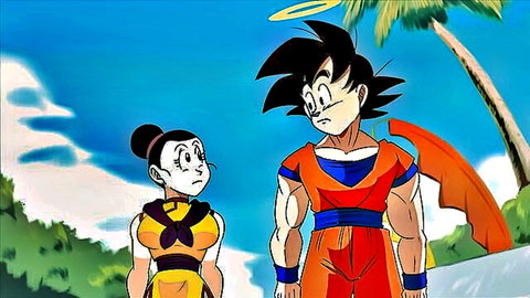 Bulma eyeing Goku's bulge in Dragon Ball hentai beach scene