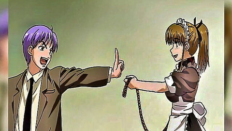Anime hentai scene: maid girl with leash and purple-haired guy in suit thumbs up