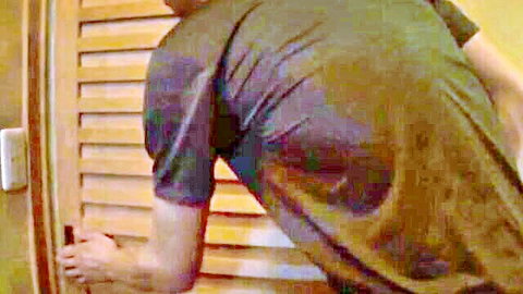Fit mommy bent over peeking through blinds in tight shirt