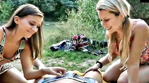 Mom and daughter in dresses enjoy outdoor anal creampie with blonde