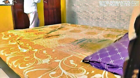 Amateur Indian hotel bedroom with ornate gold bed purple pillows ready for rough MILF threesome creampie fuck