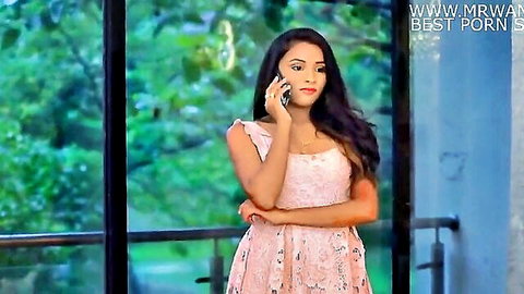 Curvy South Asian brunette with big tits in pink lace dress teasing on balcony phone call