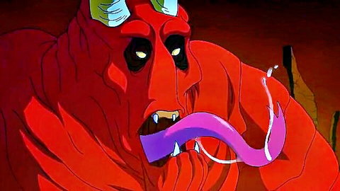 Muscular red cartoon demon monster with long purple tongue sticking out hungrily