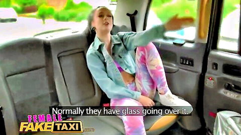 Skinny young babe in open denim jacket spreads legs wide in taxi backseat teasing