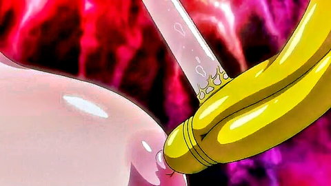 Hentai breast expansion scene from Taimanin Asagi with phallic device on swelling pink breasts, anime style