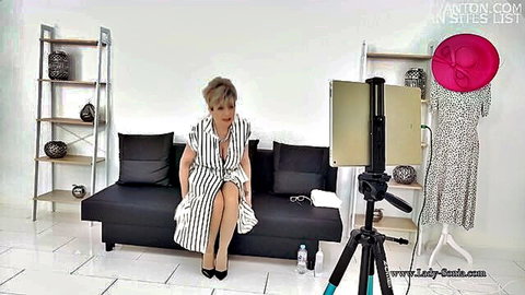 Lady Sonia sexy blonde MILF in striped lingerie dress teasing big tits