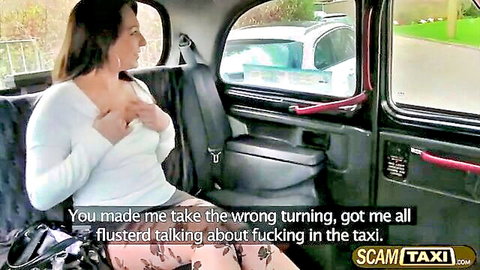 Busty brunette Crystal flustered in taxi, cleavage exposed, big tits tease
