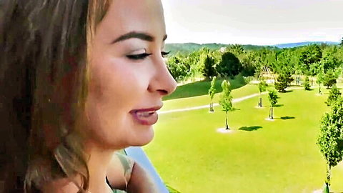 Brunette woman gazing outdoors in cuckold scene with Mark