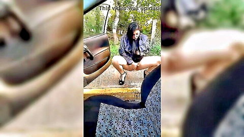 Desi woman squatting and peeing outdoors near open car door