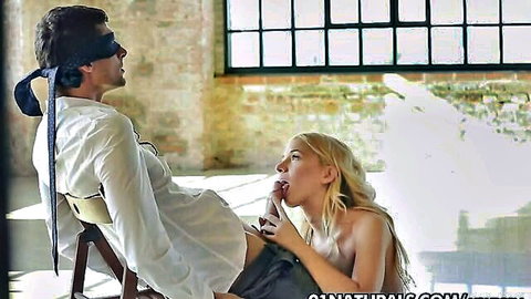 Kiara Lord kneeling for intense blindfolded blowjob in Strings of Passion