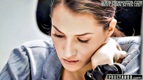 Bella Rolland in seductive office blouse, eyeing boss fantasy