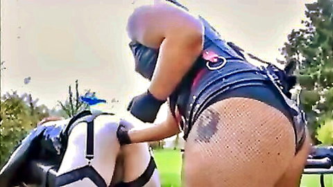 Curvy dominant in latex harness strap-ons submissive in outdoor S&M fetish