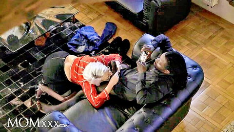 Angel Wicky huge tits blonde in red top black skirt with BBC on couch