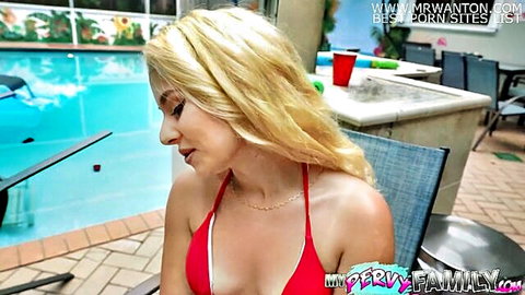 Aria Banks in red bikini by pool, teasing step-dad rub