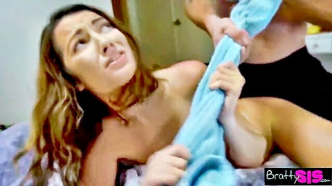 Skinny brunette teen with small natural tits towel choked by muscular guy on bed