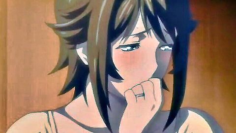 Blushing anime hentai girl with aroused half-lidded eyes touching lips in tank top