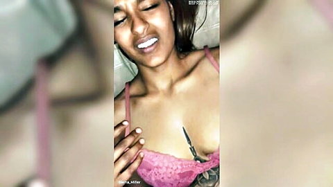 Kaira Nisha Indian beauty in pink lace bra with knife cleavage tease