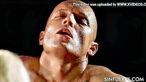 Sweaty man with cum facial after intense blowjob closeup