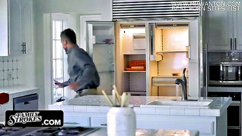 Brunette DILF stepdad enters modern kitchen with open fridge in taboo scene