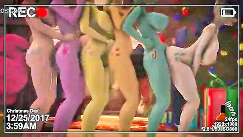 Colorful body-painted women posing seductively from behind in Christmas group scene