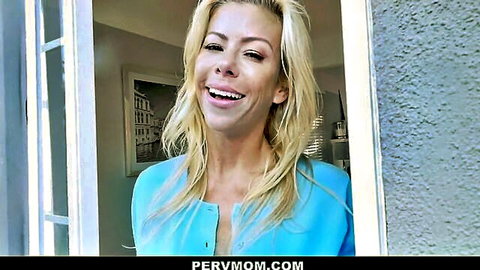 Busty blonde stepmom smiling in open blue cardigan