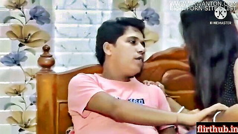 South Asian couple intimately touching necks in homemade bedroom tease