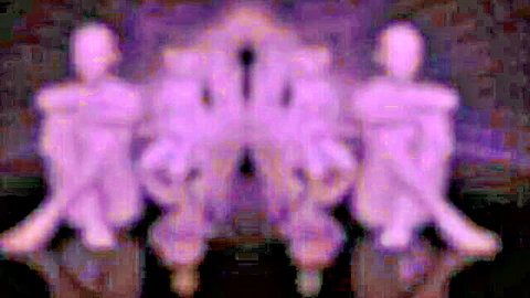 Blurry purple-tinted nude skinny figures posing symmetrically with legs spread