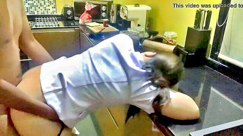 Thai nurse girlfriend bent over kitchen counter in doggy style fuck
