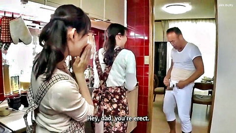 Japanese wife and daughter in aprons shocked by dad's visible erection bulge in kitchen JAV