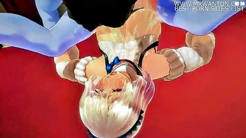 Upside-down blonde hentai babe with huge tits and spread pussy held by tentacles in gangbang
