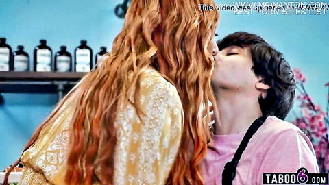 Lauren Phillips redhead MILF stepmom kisses stepson in taboo scene